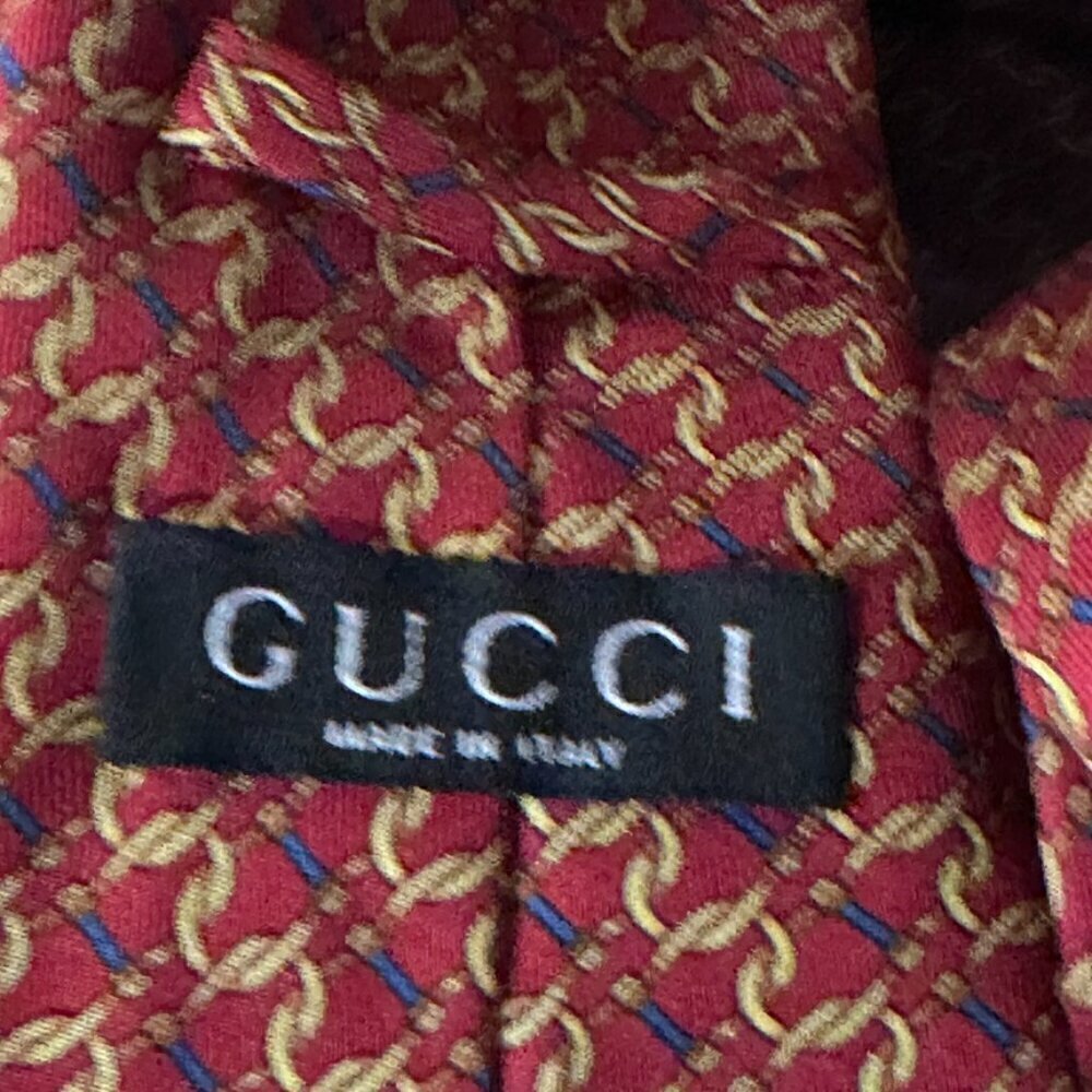 Gucci Logo Silk Tie Silver Red Gold Chain Plaid Chains Euc Mint Mens Man's Gift - Picture 6 of 8